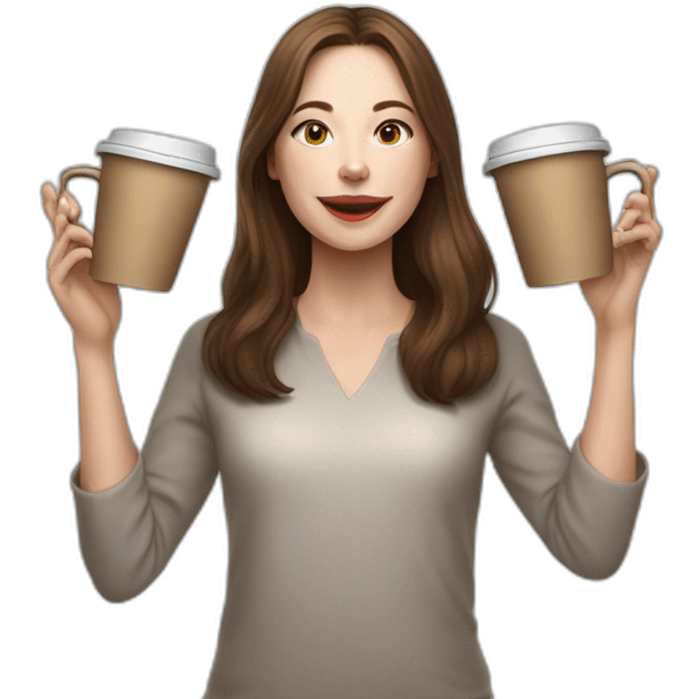 woman juggler with long straight brown hair and pale skin juggling three coffee cups and two small laptops in the air emoji