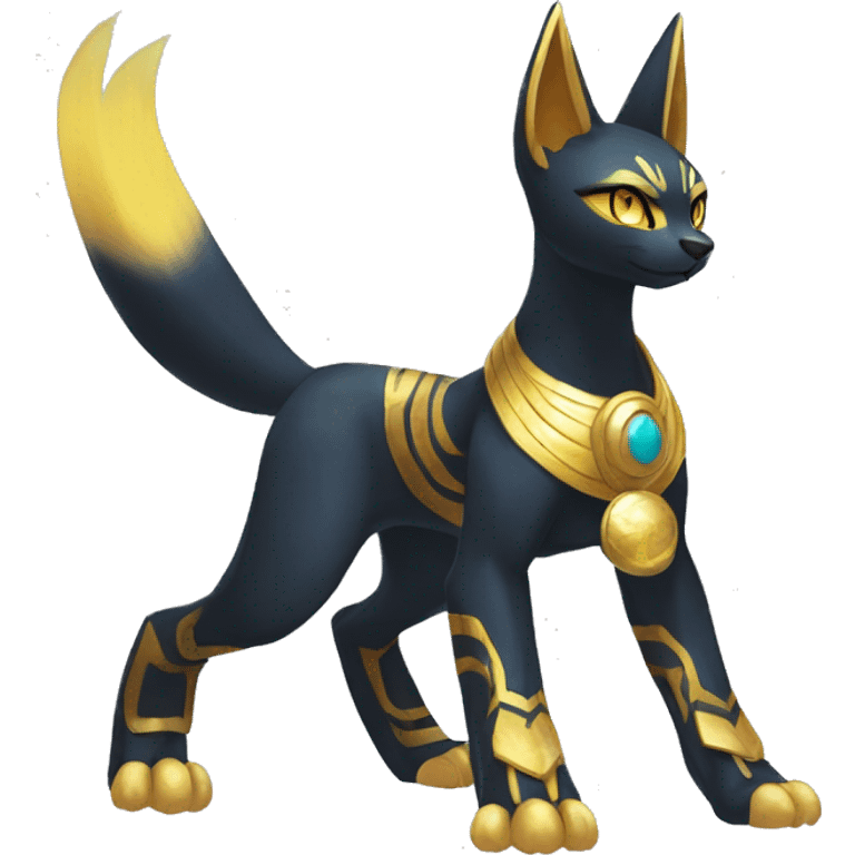 Black godly overpowered ethereal majestic Egyptian Lucario-Litten-Cat-Fakemon. Golden Anubis-Rings and yellow ring-markings. Full body emoji