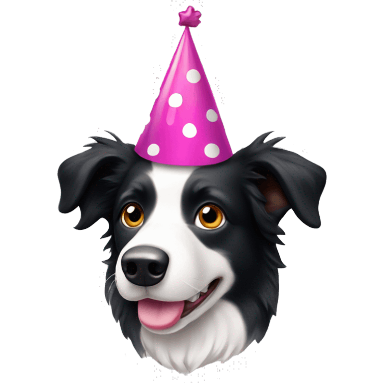 A black and white Border Collie with black spots wearing a party hat.   emoji