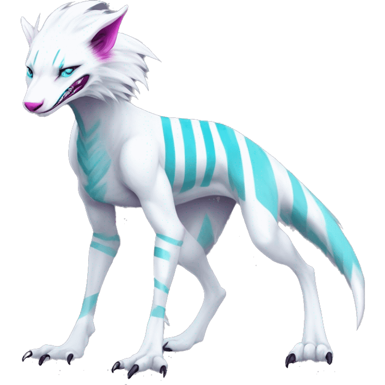 White badass elegant wild beautiful natural cute badass epic anthro modern albino sergal-vernid-creature with cyan mane and magenta eyes with cyan edgy stripes, full body, blue pretty hair, outside, modern, aesthetic, art by LiLaiRa, art by art by Falvie emoji