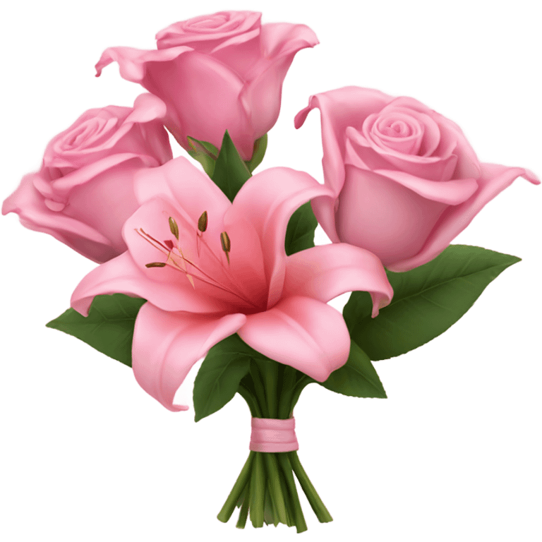 bouquet of pink roses and 2 large pink lillie's  emoji