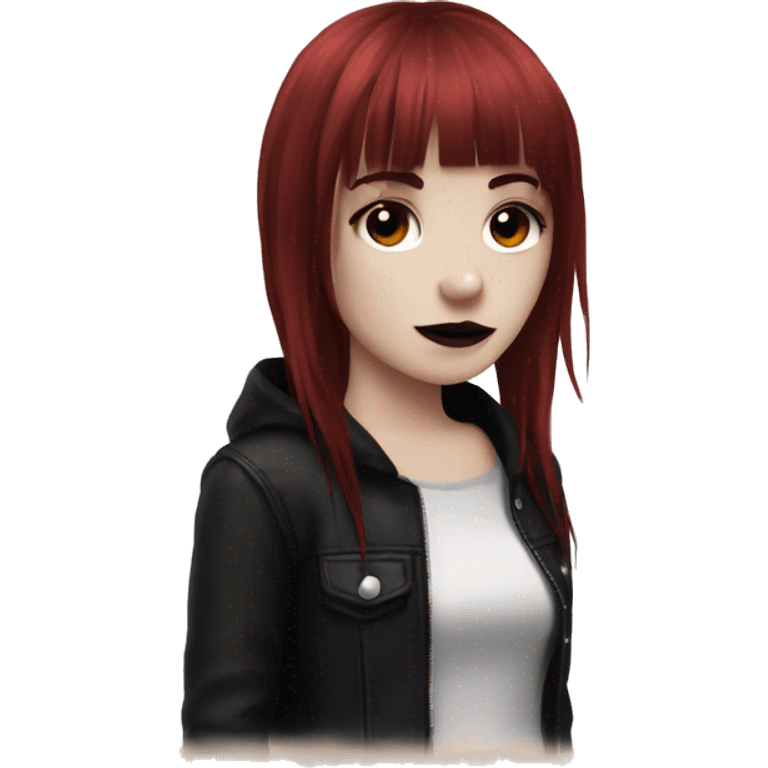 emo girl that has porcelain skin and Long Dark red hair and fringe bangs and is wearing black emoji