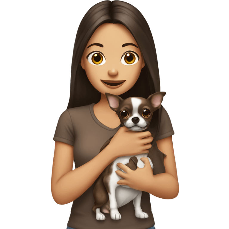 brunette girl holding a brindle chihuahua emoji