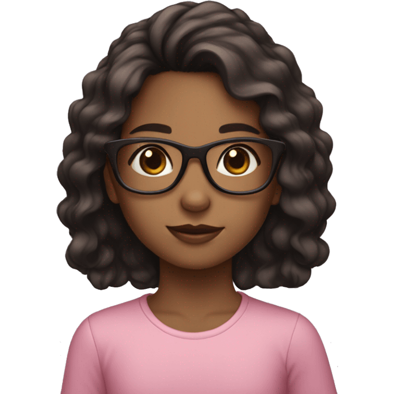 young girl with pink glasses and brown eyes and brown and black lhairng  emoji