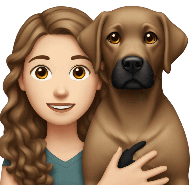 White girl with wavy brown hair holding a black Labrador emoji