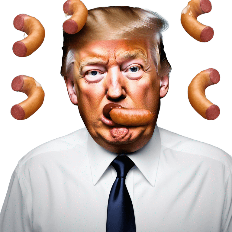 Donald trump drinking milk from a sausage hanging next to his face and getting milk all over his face emoji