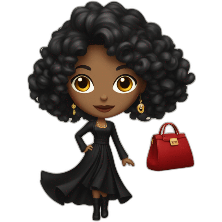 a woman with a long black dress, red boots, black open  coat, red bag, gold jewelry, curly  black hair, blue eyes emoji