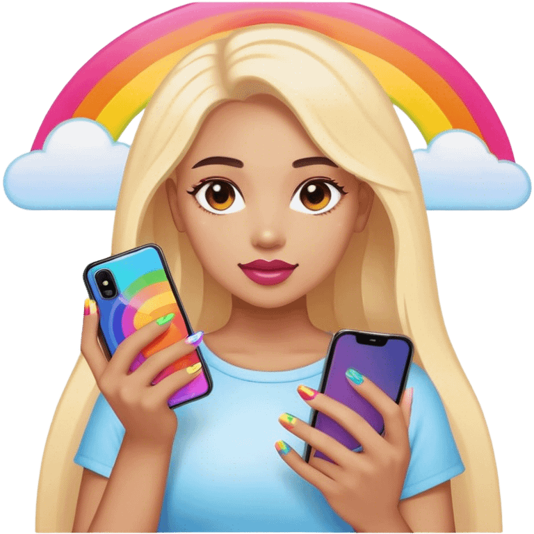 A person holding a phone with a sunset, phone, cover and with rainbow nails emoji