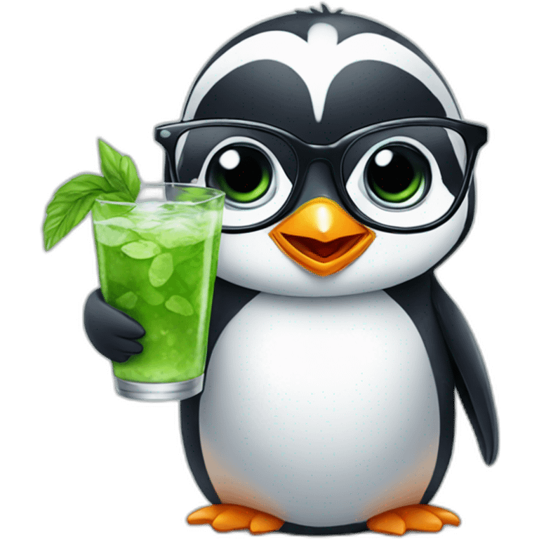 baby penguin with big glasses drinking mojito emoji