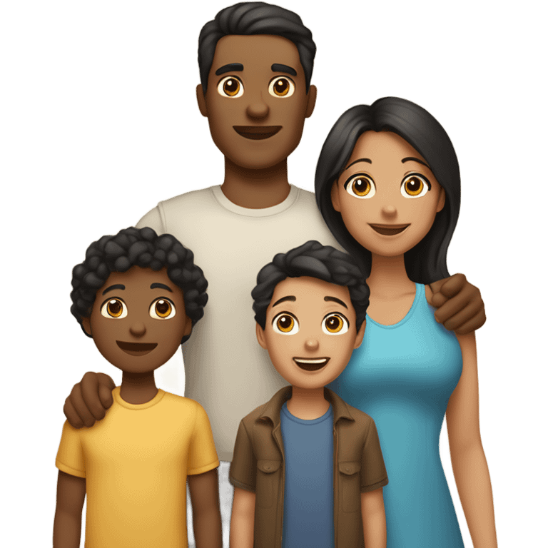 A family of five, mother with black hair and light skin, father bronzed skin and brown hair, middle daughter light skin and brown hair, small son and big son bronze skin and brown hair emoji