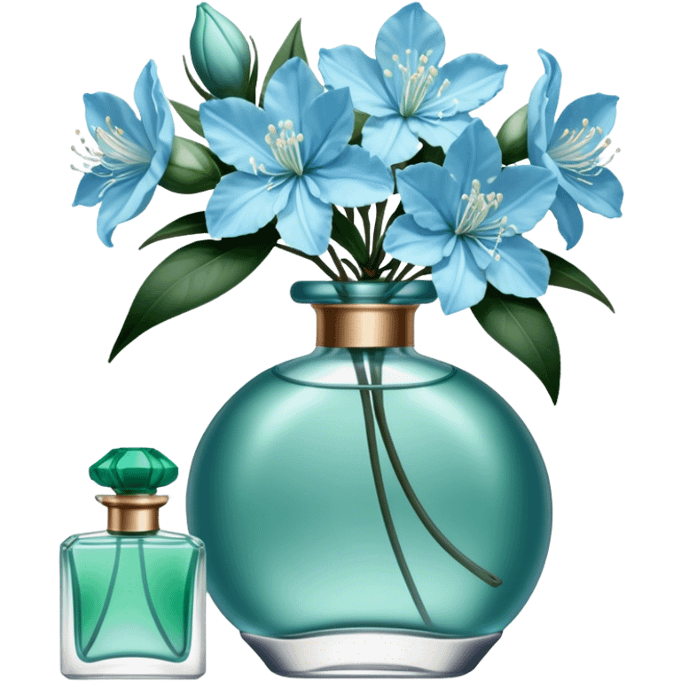 Aesthetic ensemble of soft blue azaleas alongside a charming vintage green perfume bottle.
 emoji