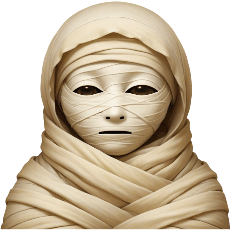 A snug, cozily wrapped mummy, fully encased in soft, slightly loose bandages, even its face gently hidden behind folds with only a tiny glimpse of sleepy eyes, nestled in warm, faded tones with gentle golden accents, simplified yet irresistibly charming, highly detailed with a soft glowing outline capturing the peaceful aura of an ancient being drifting into rest! emoji