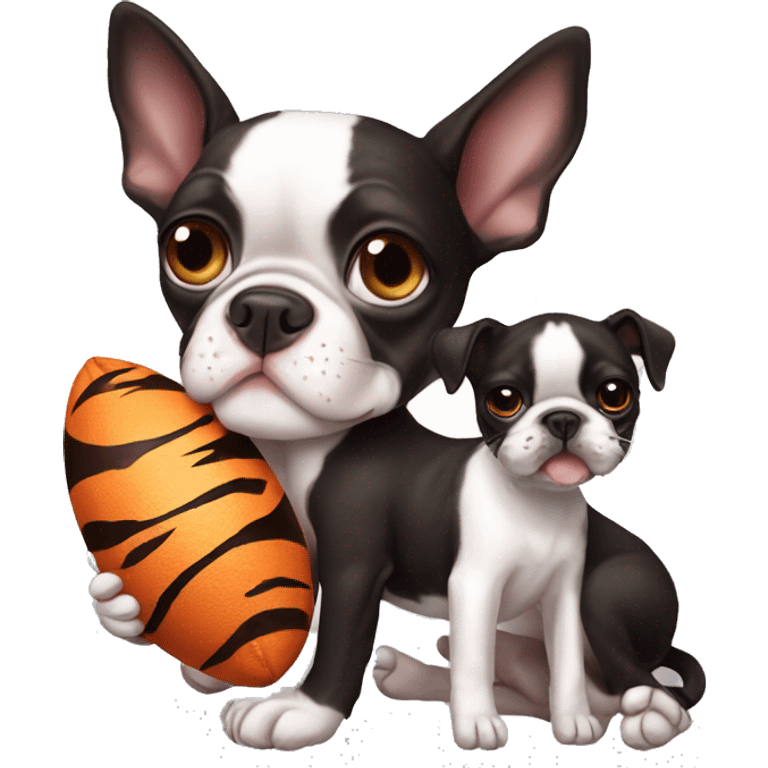 Boston terrier holding stuffed tiger emoji