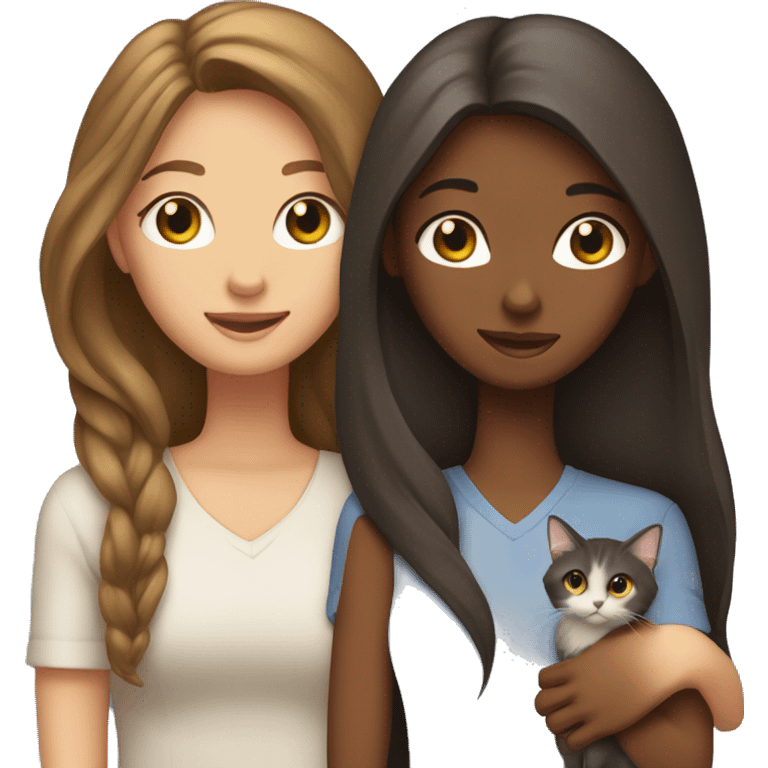 Two long hair brunettes with two cats in hands emoji