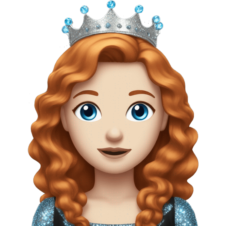 Beautiful girl with redhair, pale skin and bright blue eyes. She wears a sparkly black dress and a silver crown  emoji