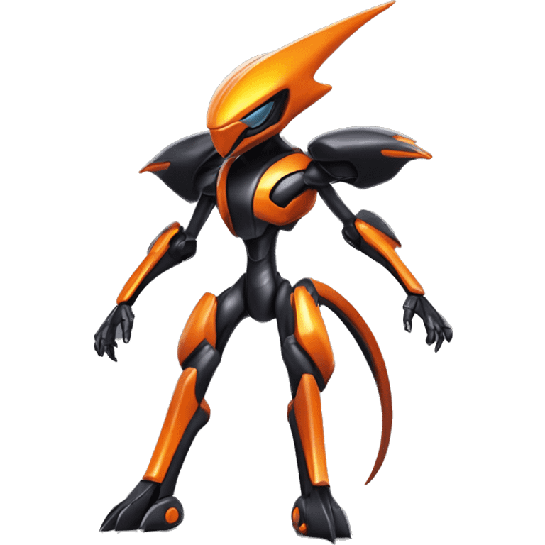 a shiny metallic black-orange Genesect-Flygon-Raptor-Fakémon-Medabot-hybrid with a futuristic visor-helmet full body emoji