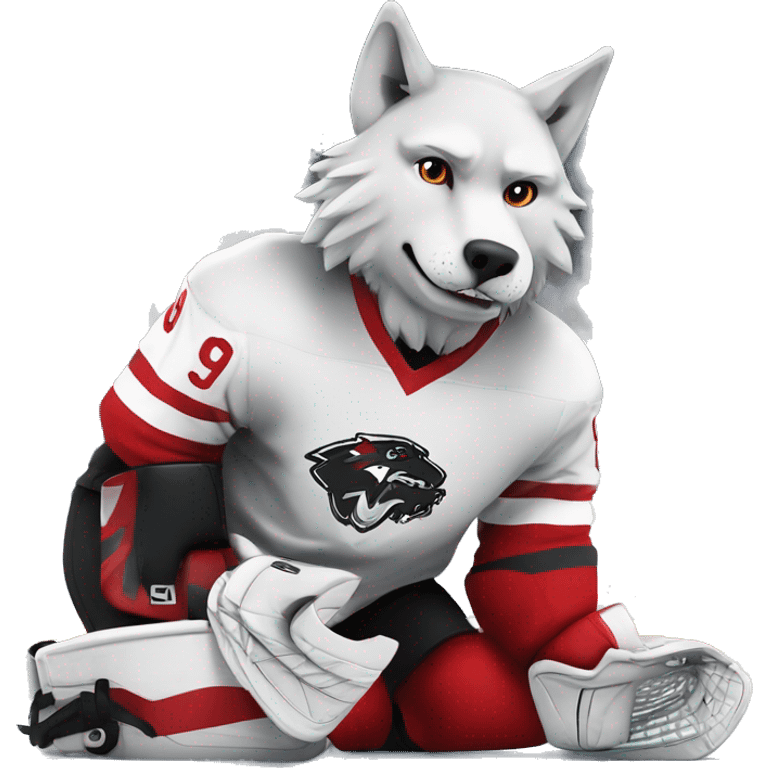 A wolf hockey player lies on the ice in a red white and black uniform A wolf hockey player lies on the ice in a red white and black uniform emoji