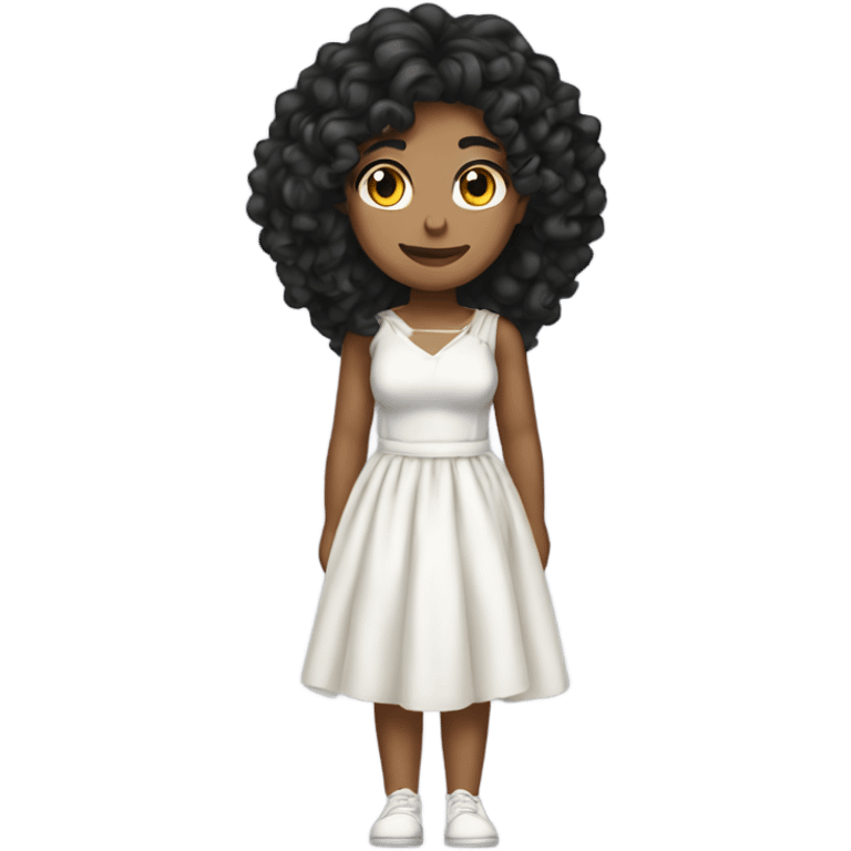 Tan girl with black long curly hair and white tied dress full body emoji