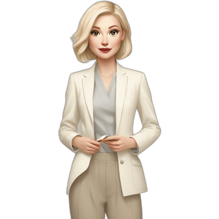 pale skin woman with ash blonde Straightened bob Hair, White Spacious classical jacket, beige palazzo Arrow pants and gray blouse holding a color palette in the hands emoji