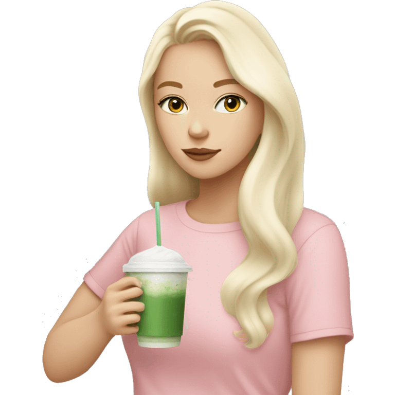 White Blonde girl with a pastel pink top drinking iced matcha latte ( not from Starbucks) emoji