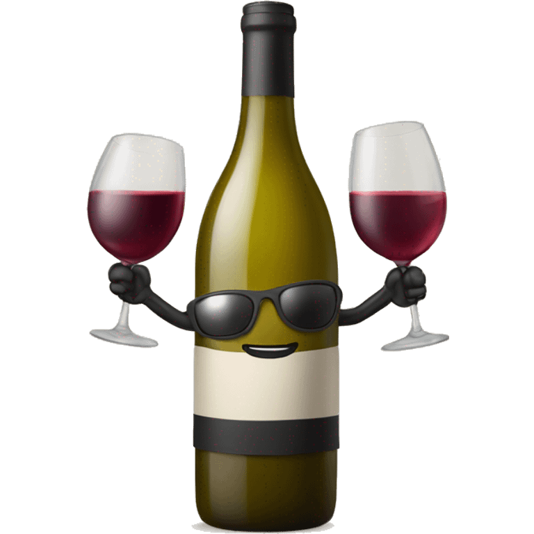 A bottle of wine character with arms, legs and sunglasses emoji