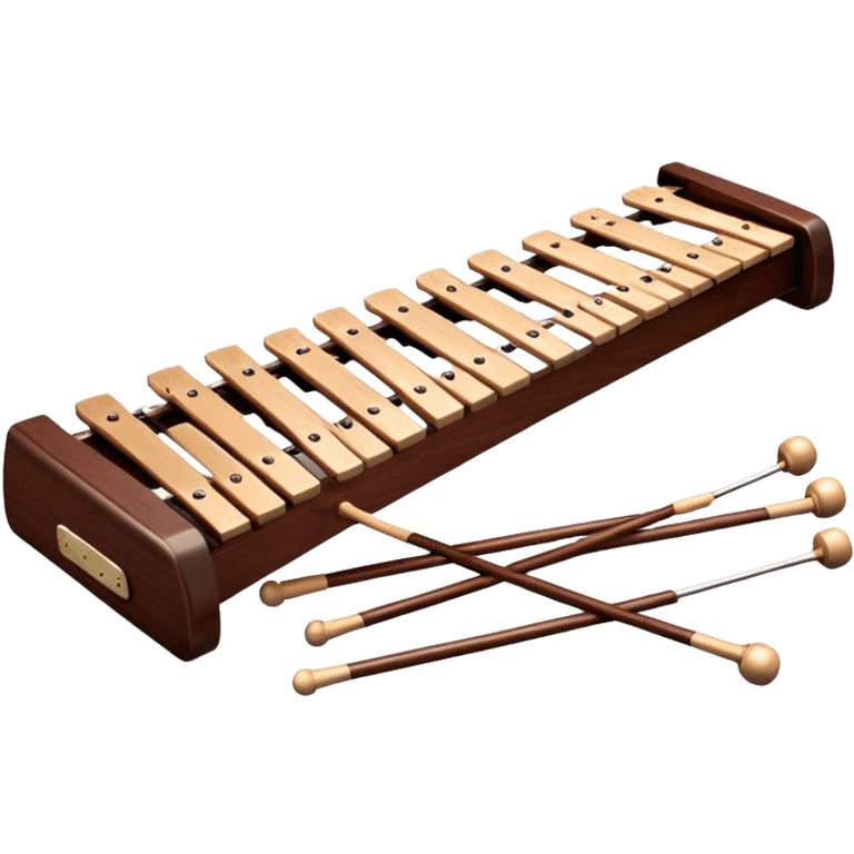 Create a detailed and professional emoji representing a Fleet FLT-SX37 orchestral wooden xylophone. The design should showcase the large, wooden bars of the xylophone arranged in a traditional layout, with a polished, smooth finish. The bars should be dark brown or mahogany, with soft metallic reflections on the resonators underneath. Include two mallets with rubber or wooden heads resting on the bars, emphasizing their role in striking the notes. The xylophone should have a sophisticated and professional appearance, with clean lines and a polished look. Add subtle musical notes or sound waves to represent the vibrant sound produced by the instrument. The background should be transparent. emoji