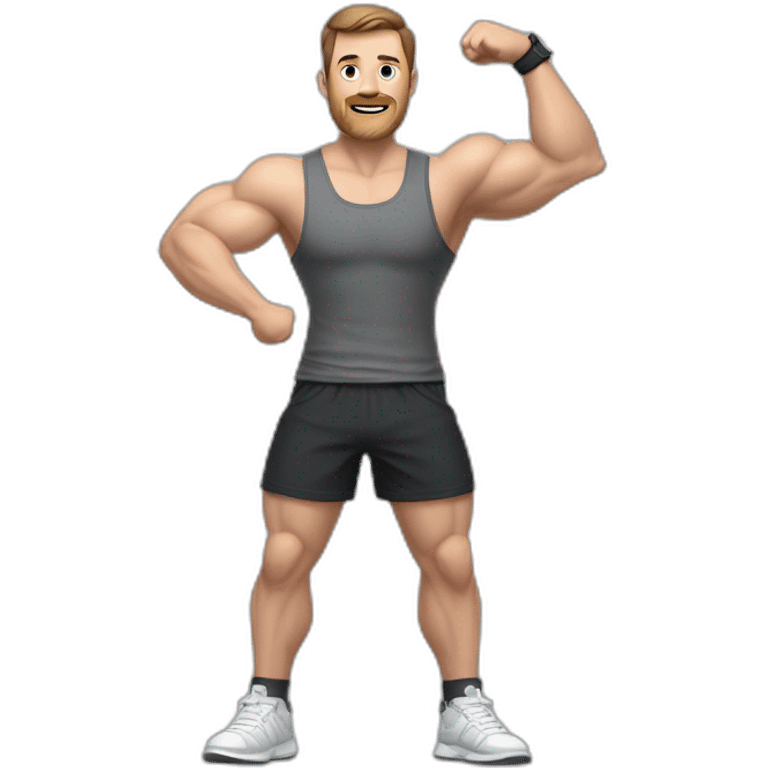 Full height realistic Actively gesturing with hands Pale skinned Fit Man With the biceps and brown hair in dark gray Sleeveless Mike, black oversize sports shorts, watch and white Sneakers emoji