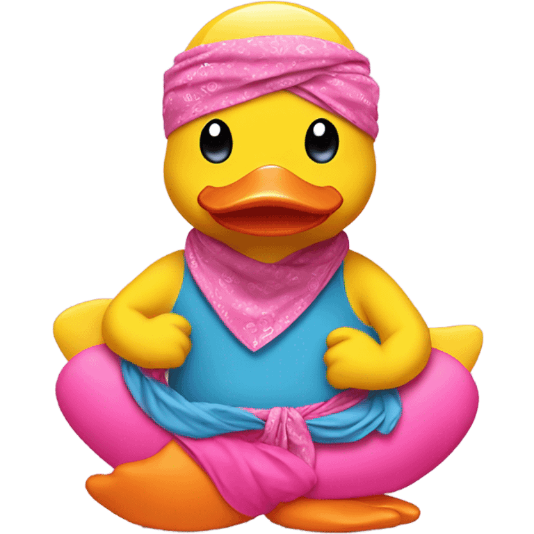 Yellow rubber duck w a pink bandana doing yoga  emoji