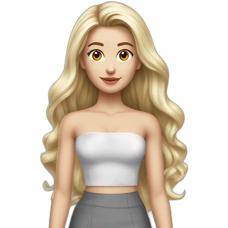 hyperrealist caucasian long hair blonde brown eyes strapless white low cut top gray tight mini skirt black shoes complete body emoji