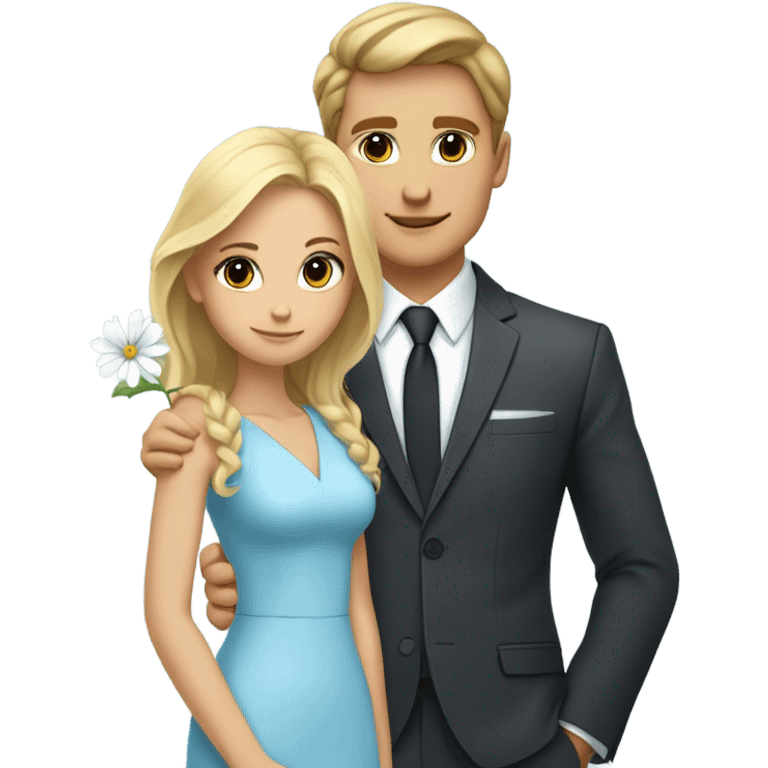 pretty blonde girl in light  blue dress with big breasts with a very cute brown haired boy in a black suit with a matching light blue tie with his arm around her and a white flower in his jacket pocket emoji