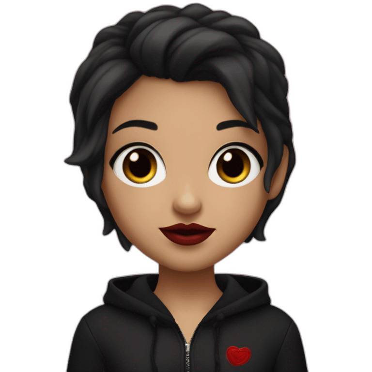 Tiny White girl lightly tanned with very short jet black coloured haircut (her hair are full black) black eyes and black hair wearing black messa hoodie like alyx Vance and red lipstick  emoji