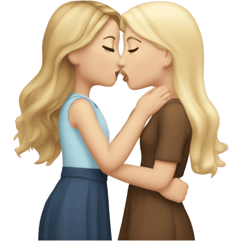 A girl kisses another girl on the cheek, both blush. One has white skin and blonde hair, and the other has white skin and brown hair. emoji