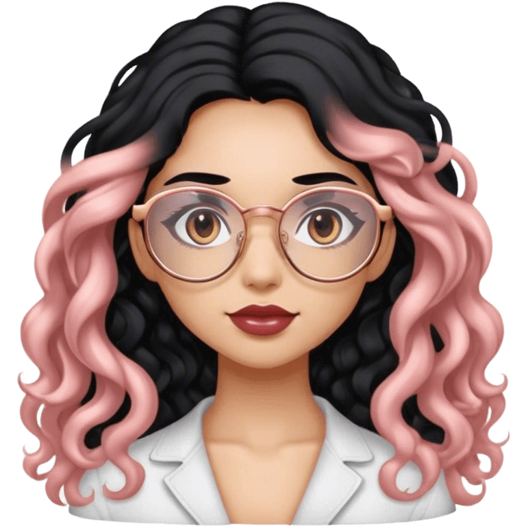 Girl with long wavy-curly black hair and rose gold glasses emoji