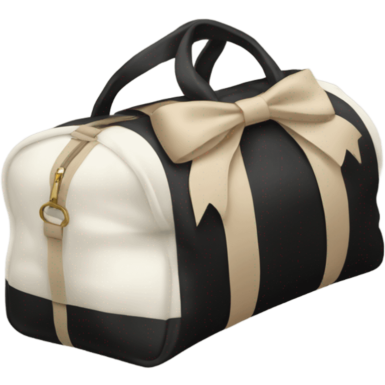 white and black duffle bag with a beige bow emoji