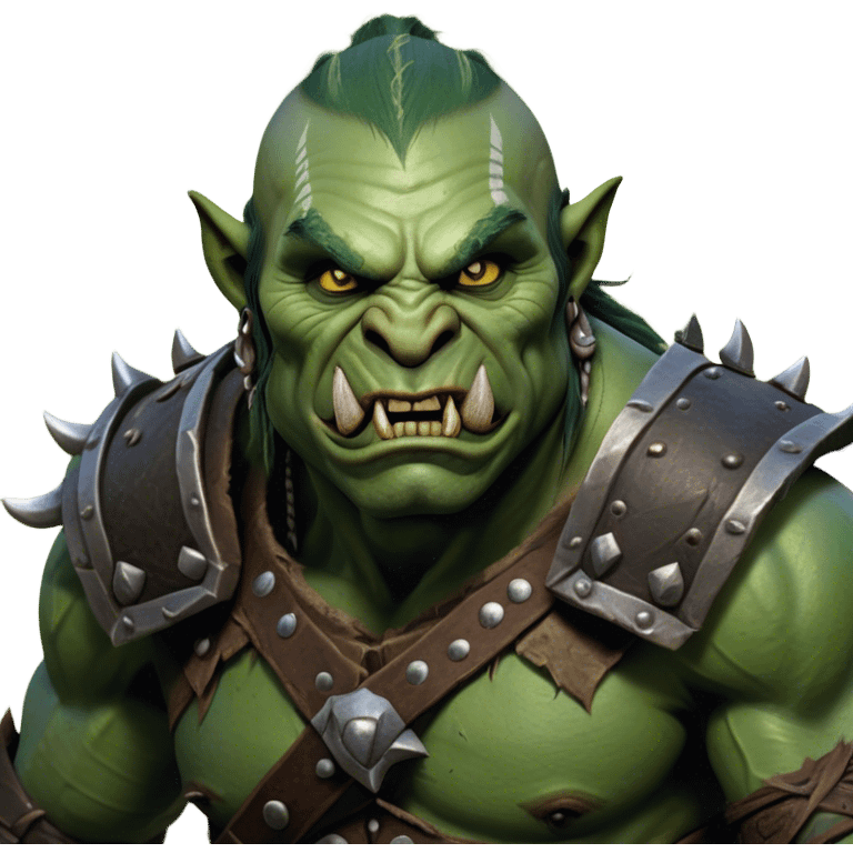 Cinematic Realistic WoW Orc Warrior Portrait, head tilted dramatically with an exaggeratedly amused expression, blending raw, primal might with a touch of unexpected humor. His battle-scarred green skin, robust muscles, and intricately detailed tribal armor in deep, earthy tones are rendered with lifelike texture and dynamic lighting, high shine, dramatic yet whimsical, capturing an orc warrior whose epic strength is matched by a playful, irreverent charm. emoji