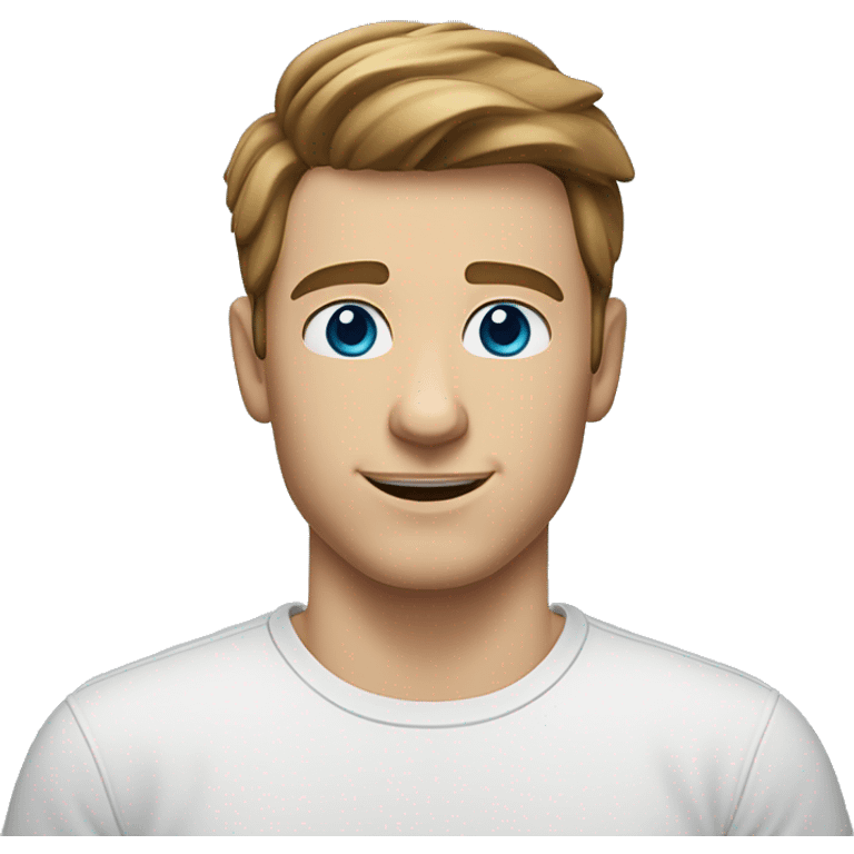 A head and shoulders shot of a 24 year old caucasian man, with short brown hair, with none facial hair,   with blue eyes wearing a t-shirt. emoji