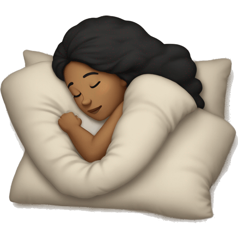 Sleeping woman with light brown skin and black hair laying on pillow in large bed with black covers cozy emoji