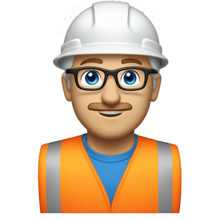 blonde man, thin face, no beard but with mustache, blue/green eyes, glasses, wearing white hard hat that says ”gmc” in orange letters, orange safety vest, blue shirt emoji