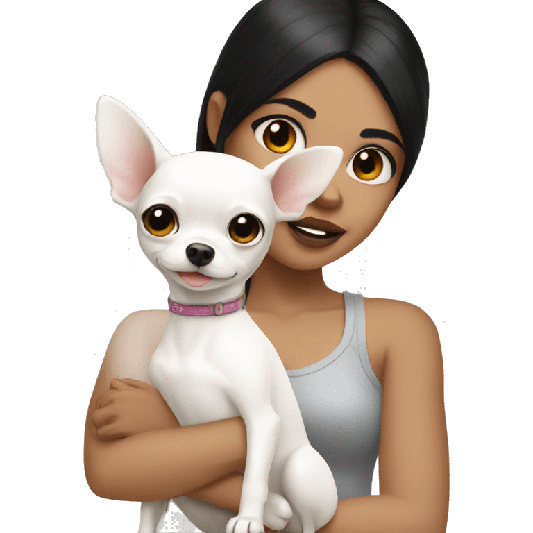 girls with black hair holding her white chihuahua  emoji