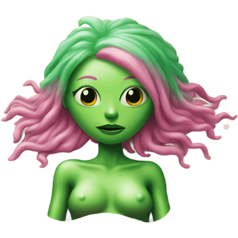 a green alien woman pink air, laying on the beach emoji