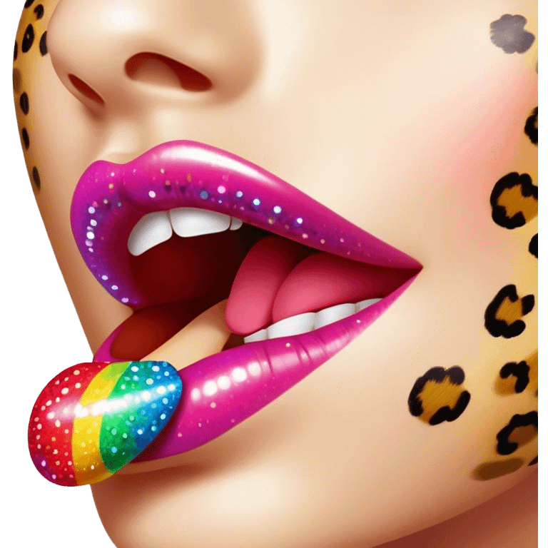 rainbow sparkled leopard print on lush, full lips. Lips only emoji