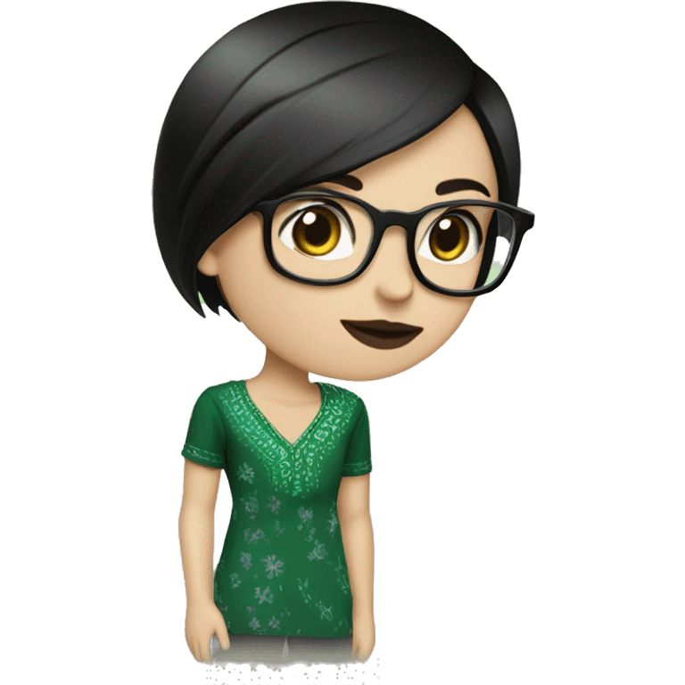 White girl in a green kurta with flower design, glasses, alot of piercing, gay, red lips, nose ring, full body, short straight black edgar hair, black straight hair emoji