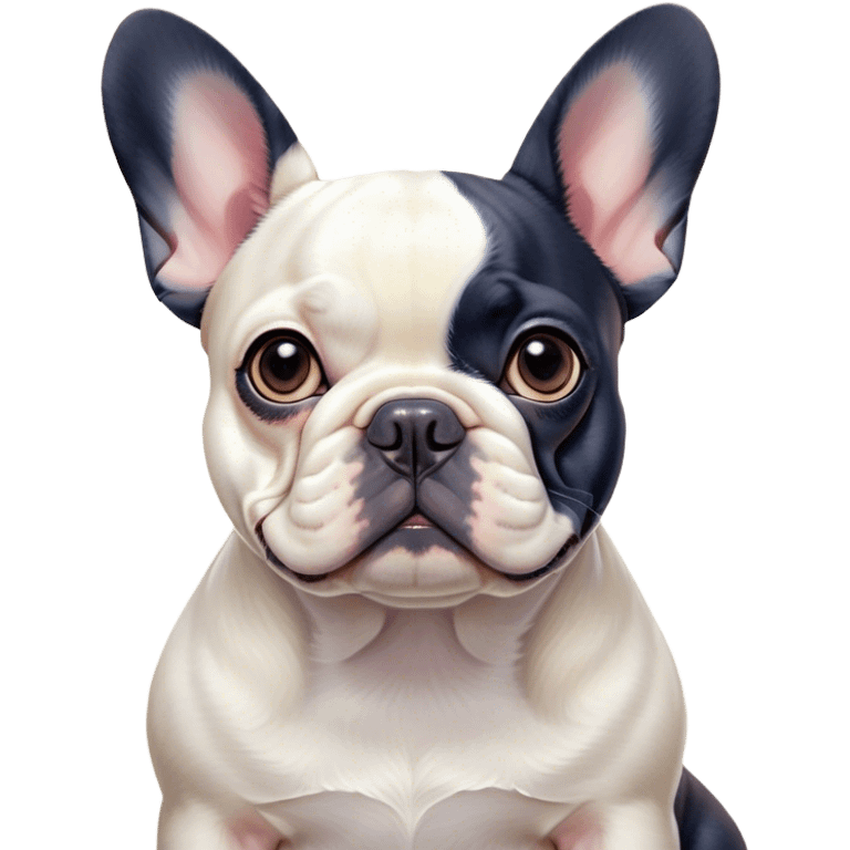 Cinematic Noble Pied French Bulldog Portrait Emoji, Radiating regal yet playful charm, with a distinctive pied fur of contrasting hues and a sculpted, expressive face featuring gentle, wise eyes and a confident stance, simplified yet artistically detailed, glowing with a soft, sophisticated radiance, high shine, exuding intelligent nobility and refined flair, soft glowing outline, capturing the essence of a noble Pied French Bulldog that embodies both strength and grace! emoji