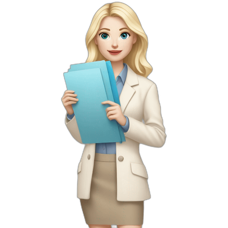 pale skin woman interior designer with cold blonde middle length hair, blue eyes, beige blouse, White oversize jacket, Gray skirt holding a color palette in the hands emoji