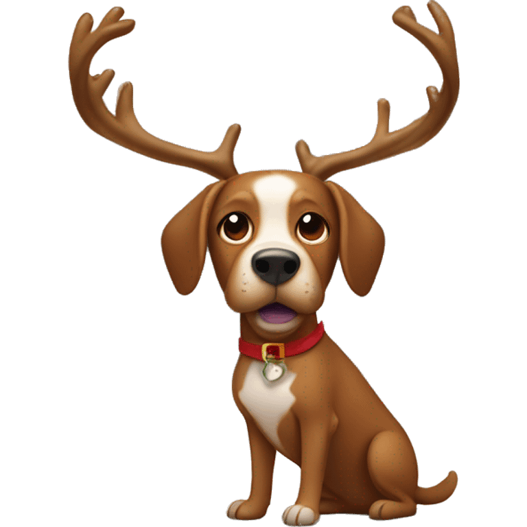 Brown dog carries antlers for Christmas and in the background is a Christmas tree emoji