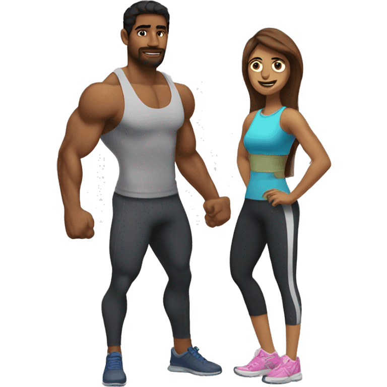 Brown man at the gym With a female trainer with muscles emoji