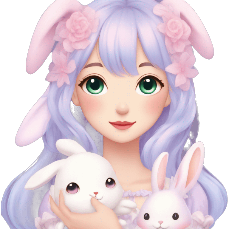 Gorgeous pastel anime style lady with blushing face and holding a bunny cottagecore fairycore pastelcore colorful pearly romantic simplistic aesthetic trending style emoji