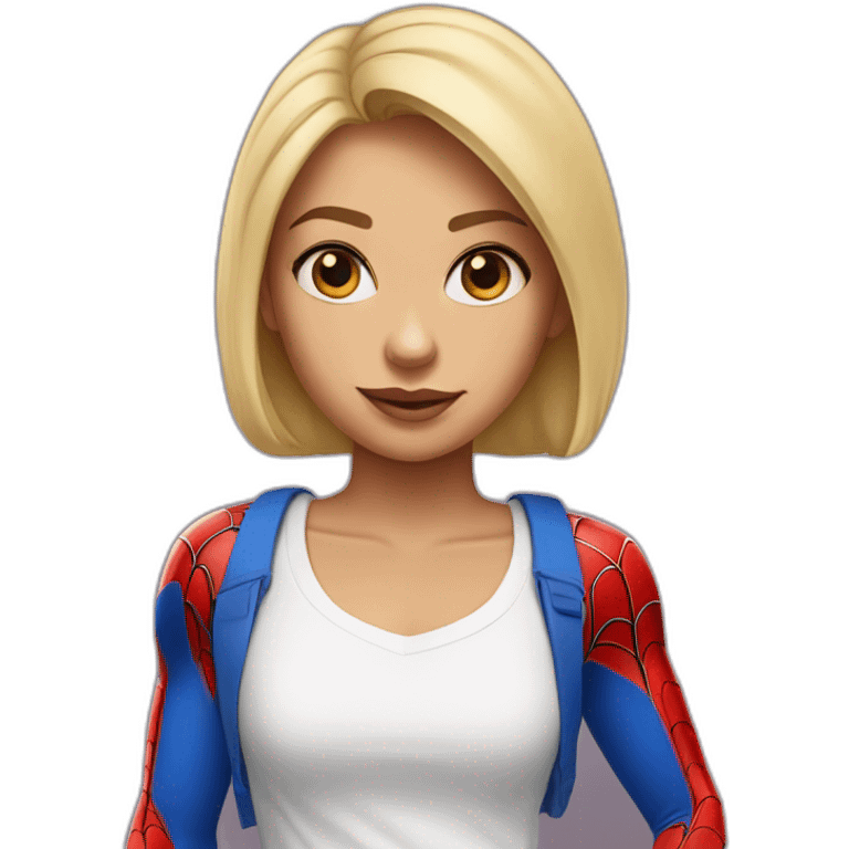 tanned blonde girl with bobbed hair and bleu eyes with spider man t-shirt emoji