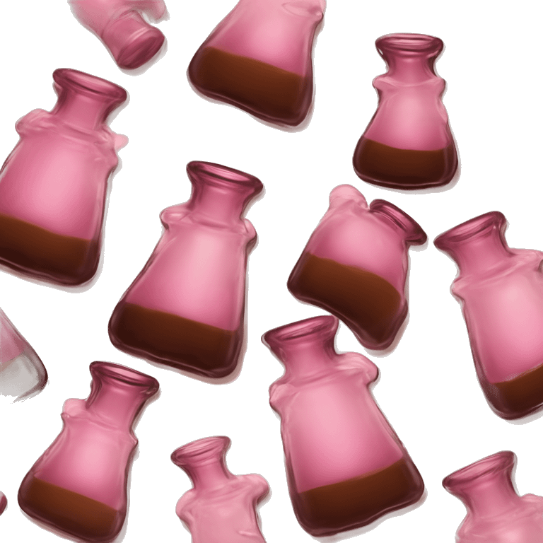 Mysterious Alchemical vintage glass potion bottle, exquisite bottle shape, old and shabby, with label, stylish and minimalistic, brown and pink, oil potion is poured out of the bottle, oil is spilled next to it emoji