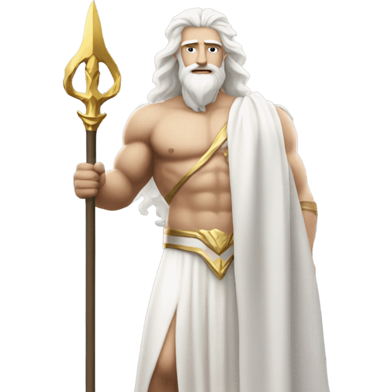 white Poseidon with gold Trident. confident face . long white hair white dress. show biceps muscle emoji